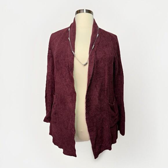 Rachel Zoe Cardigan Sweater Open Front Burgundy Plush Boucle Knit Soft Size L - Picture 3 of 11